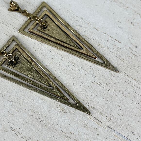Gold Tone Tiered Triangle Cairo Dangle Earrings Black Geo Geometric Boho Jewelry - Picture 12 of 16